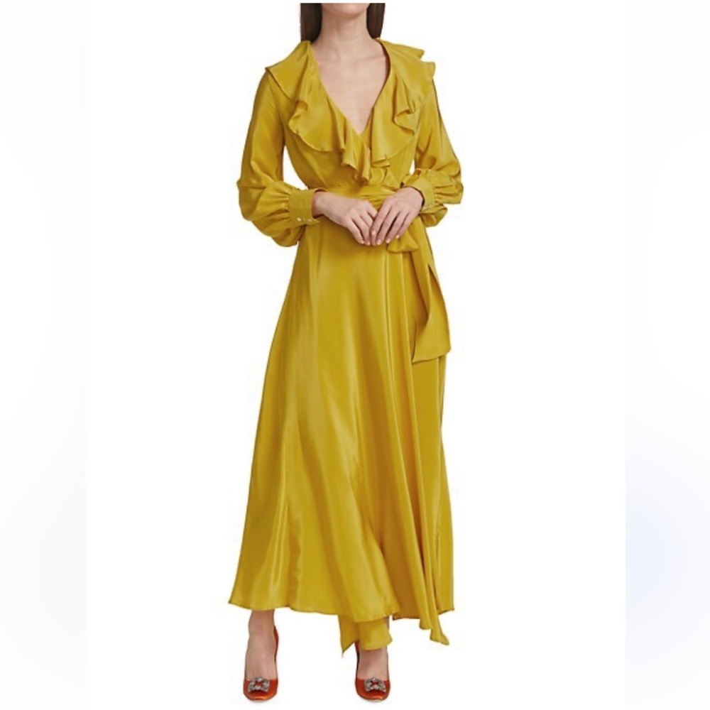 MILLY lime green silk long sleeve ruffle vneck wrap dress midi length size 4